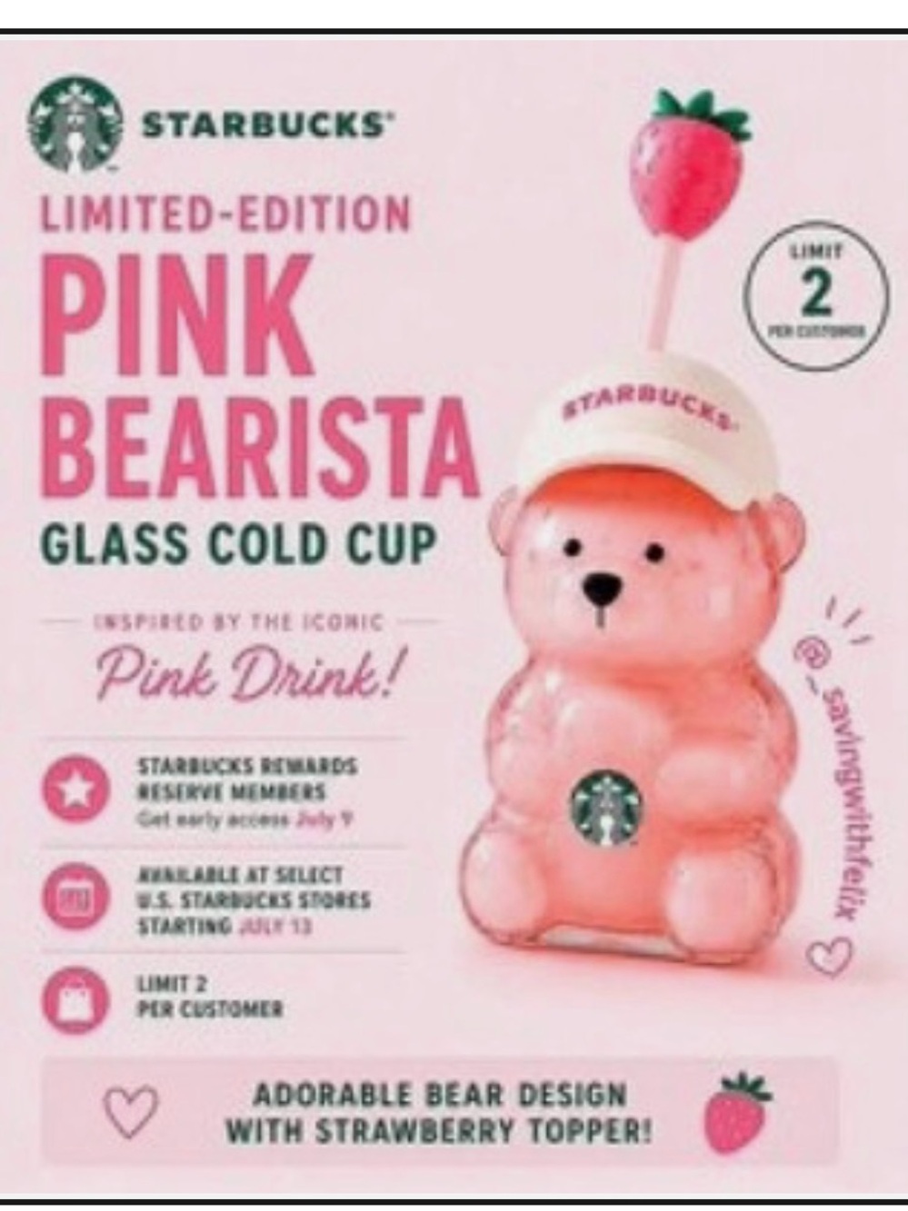 Starbucks Pink Bearista Glass Cold Cup with Strawberry Topper